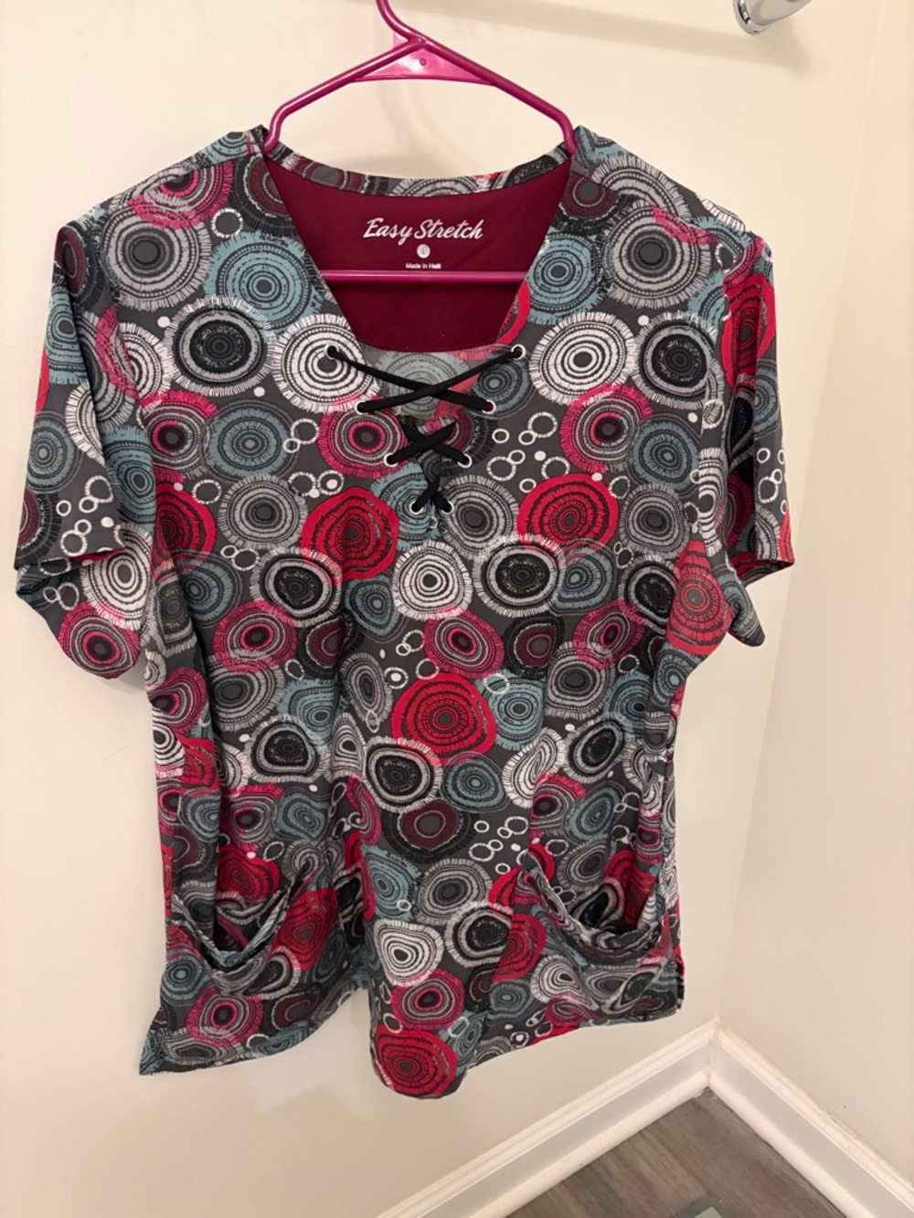 Women's Lace-Up Print Top in Red, Gray & Teal Scrub Top